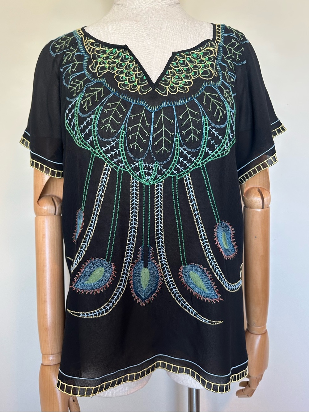 Black Embroidered Peacock Motif Short Sleeve Boho Chic Tunic